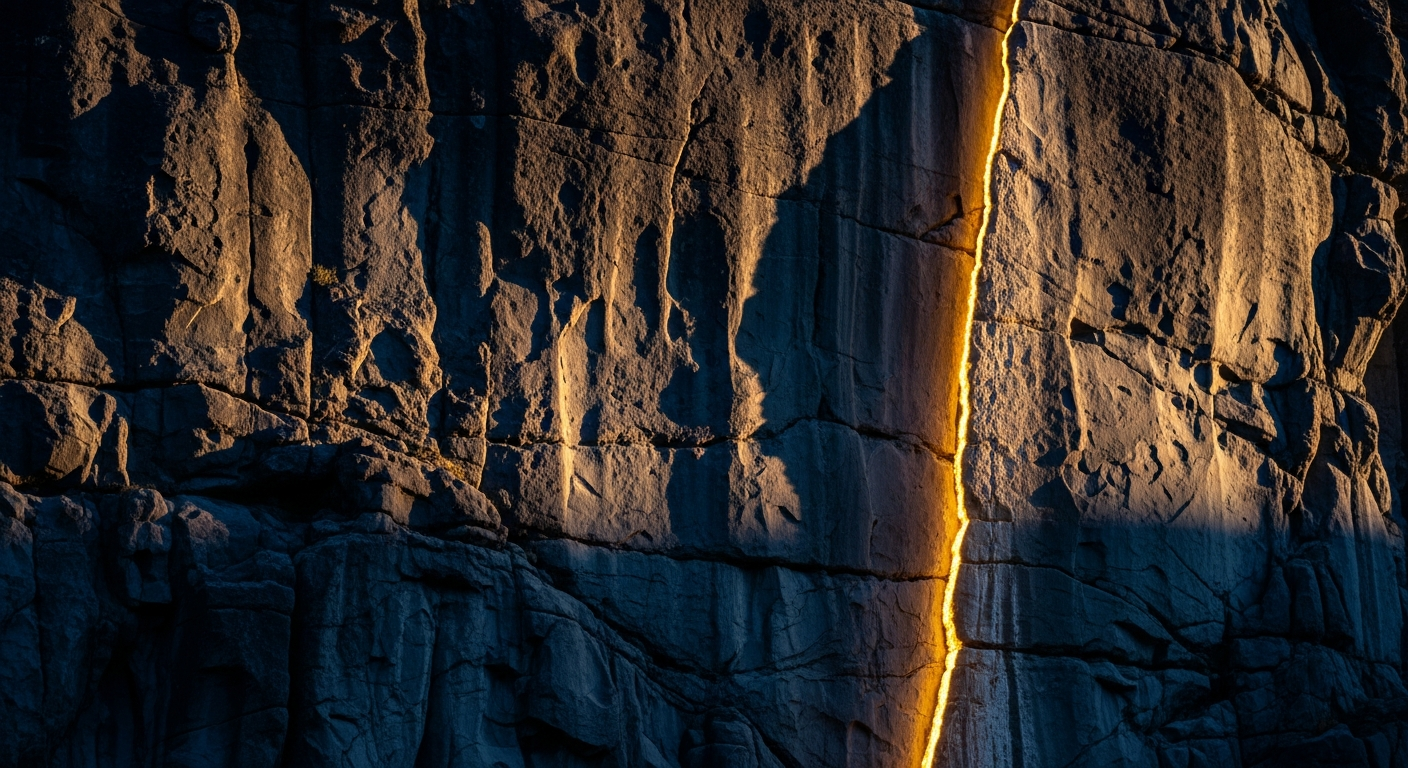 A single luminous fissure of light running down a dark wall of stone