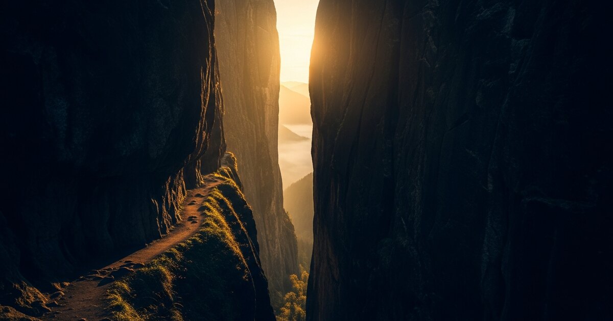 A path carved through a mountain cleft toward the light